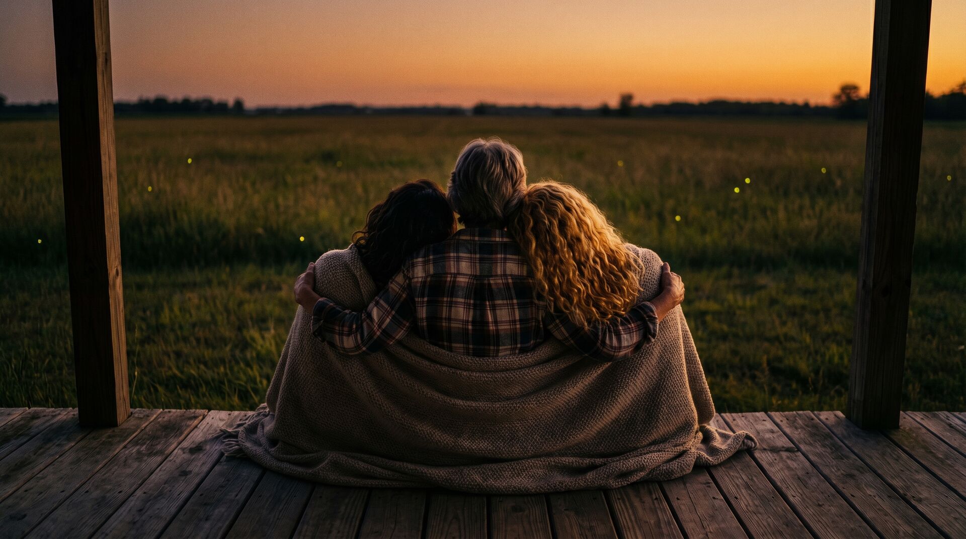 Three silhouettes on a porch watching fireflies over an Ohio field at sunset